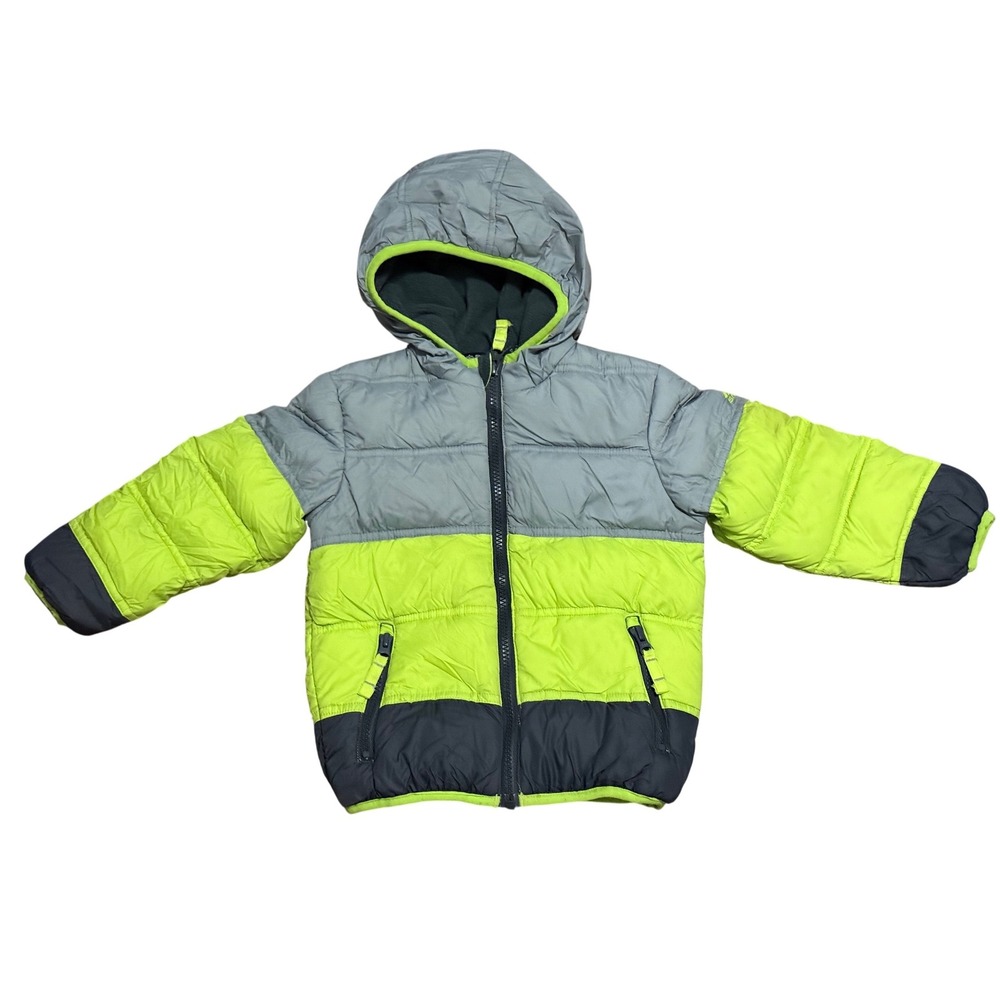 Snozu Toddler Boys 3T Grey Neon Green Navy Blue Down Fill Hooded Puffer Jacket